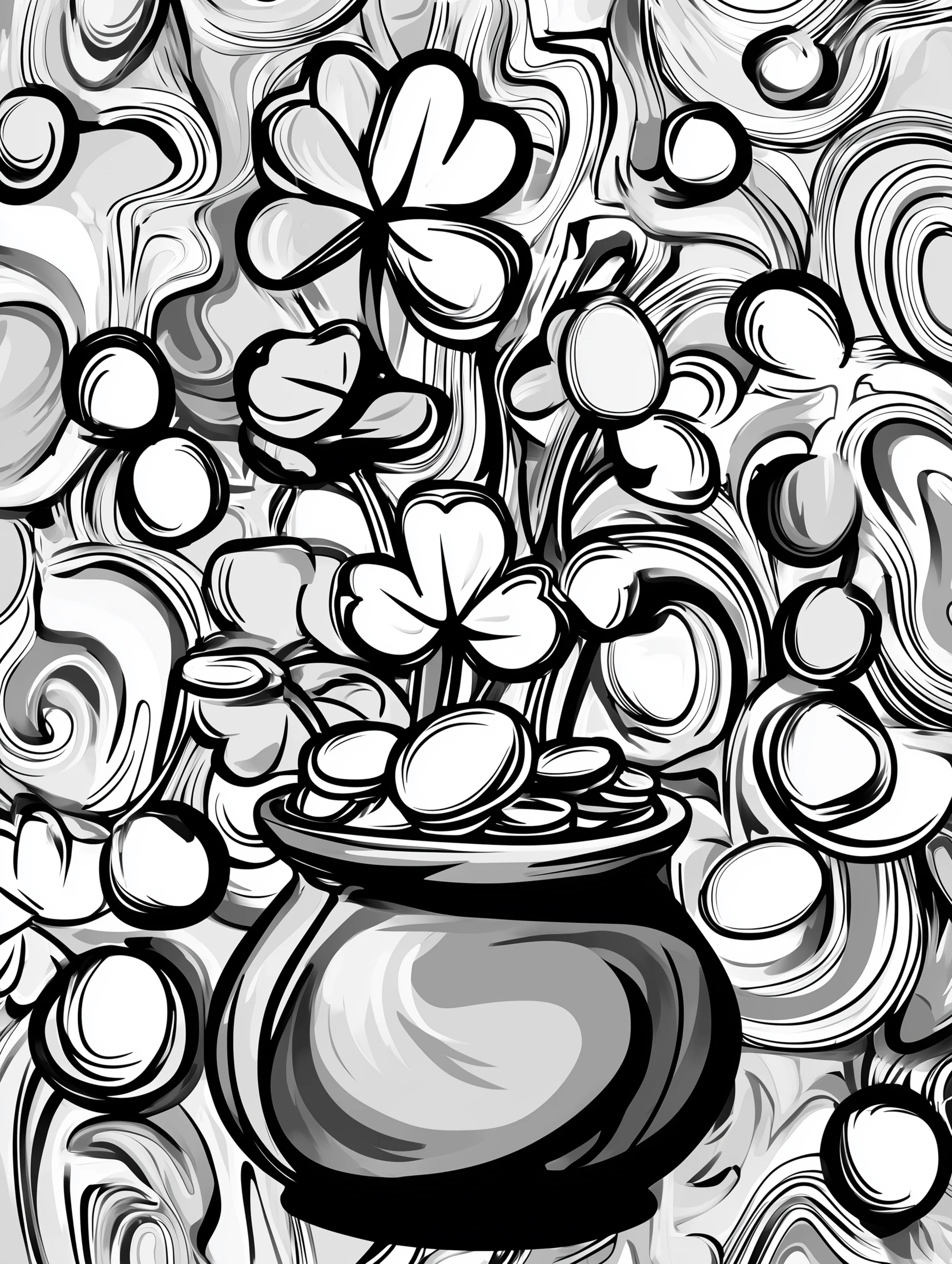 Free printable St Patricks Day coloring page for adults featuring a dripping pot of gold